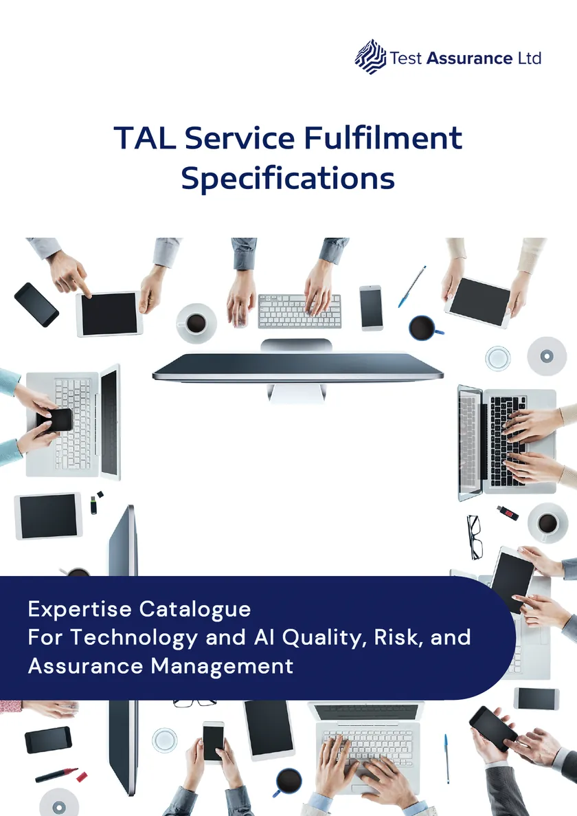 Document cover page for TAL Service Fulfilment Specifications - an Expertise Catalogue, with the image of people working on IT devices around a table.