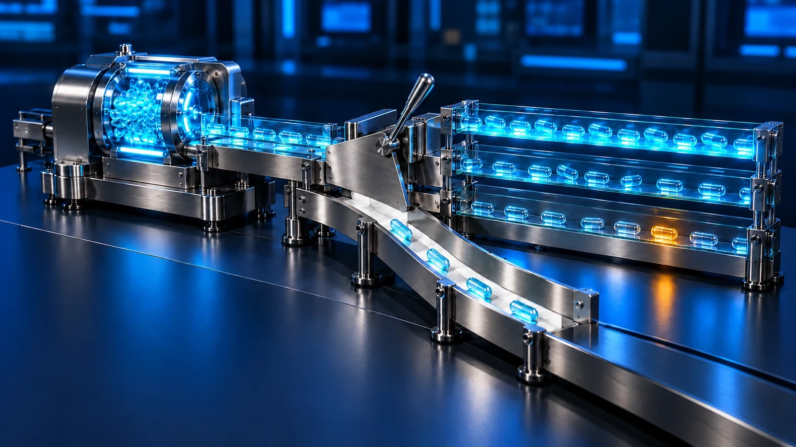 Illustration of human intervention using a lever-operated diverter to redirect capsules away from an automated sorting process.